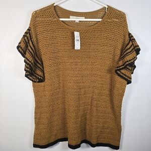 NWT Loft Women's Mustard Crochet Top with Black Trim Size L Ruffled Sleeve